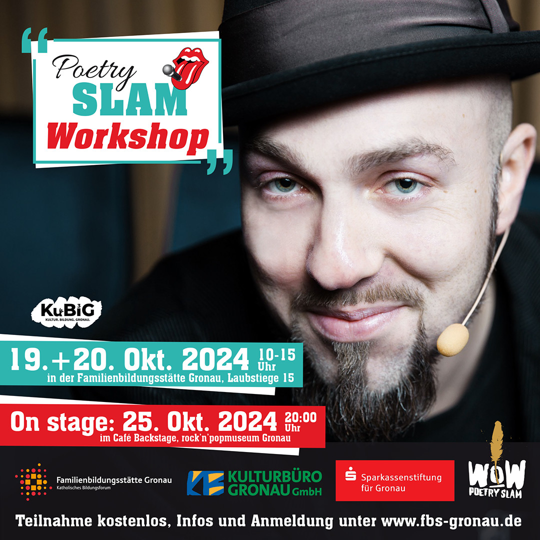 Plakat zum Poetryslam mit Marian Heuser. Workshop: 19.-20. Oktober, Auftritt: 25. Oktober.