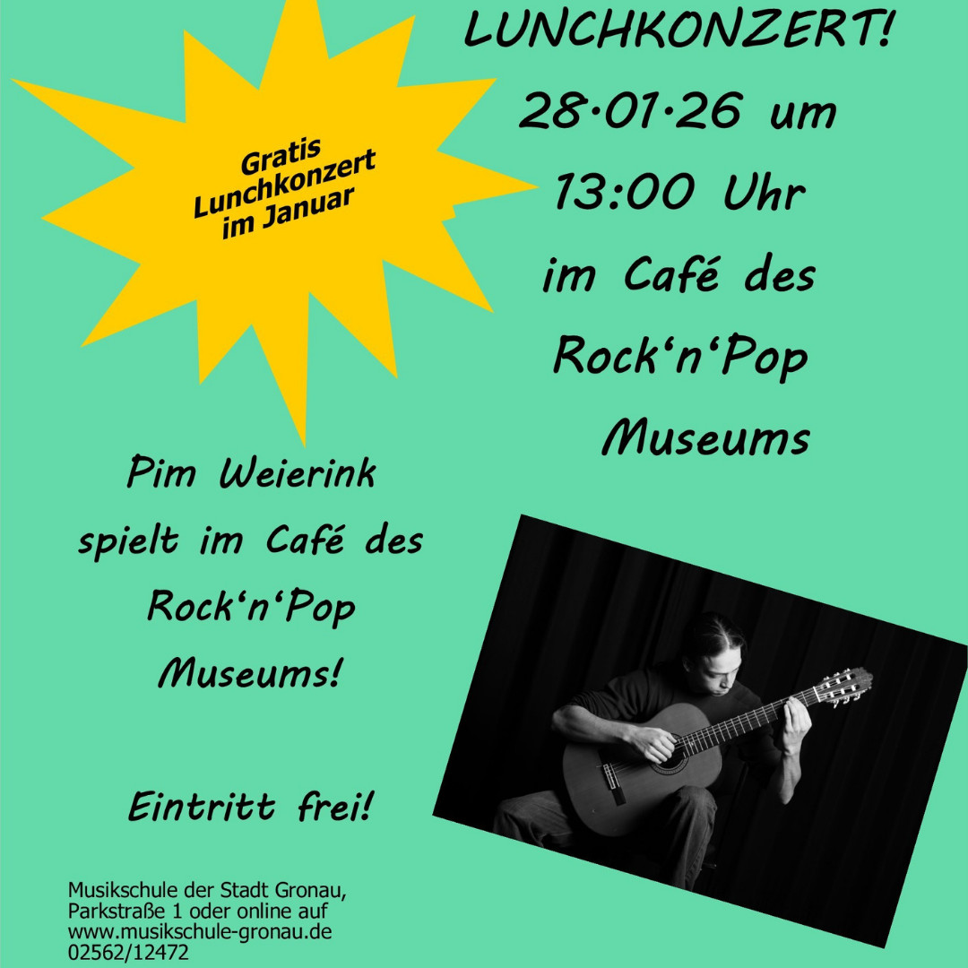 Plakat vom Lunchkonzert der Musikschule Gronau mit Pim Weierink. 28.01.2026 um 13Uhr im Café Backstage.