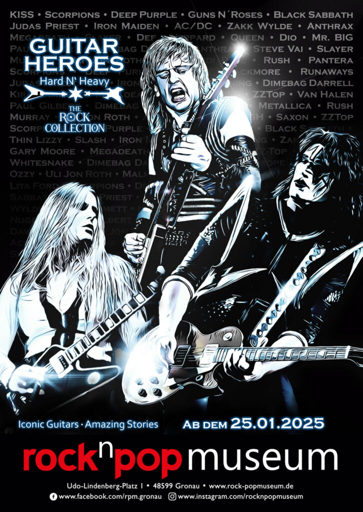 Plakat zur Ankündigung und Beschreibung der Sonderausstellung Guitar Heroes